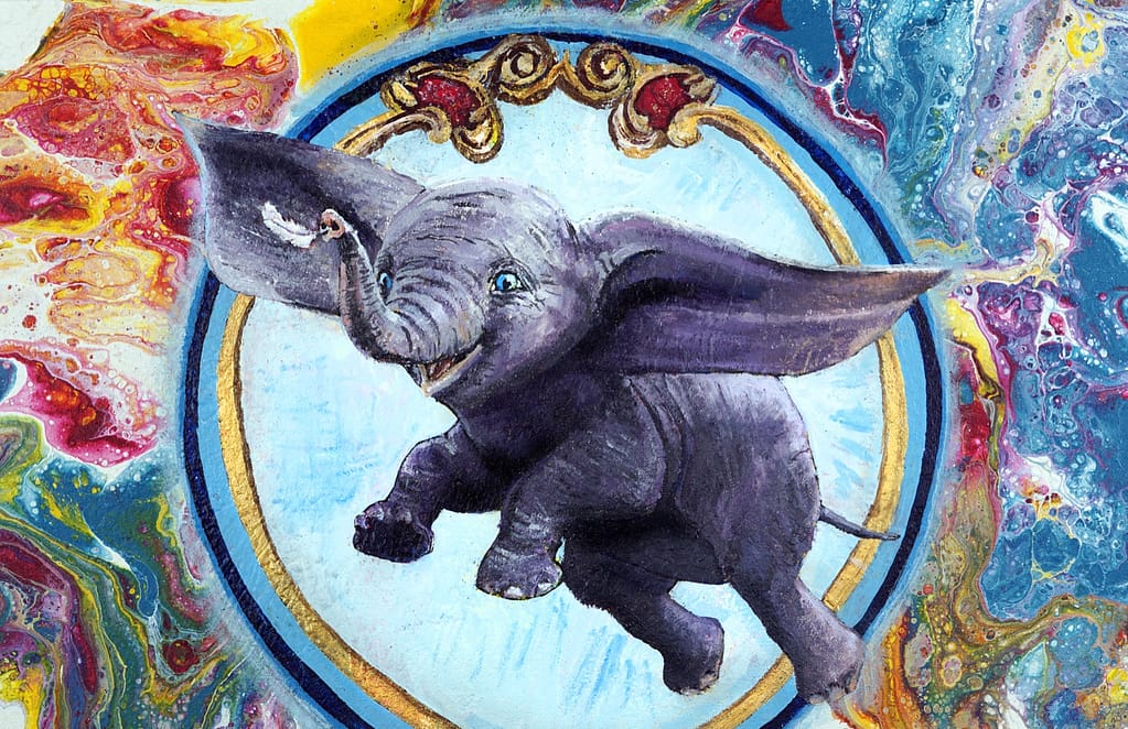 Painting of a flying baby elephant on a swirling, colorful background